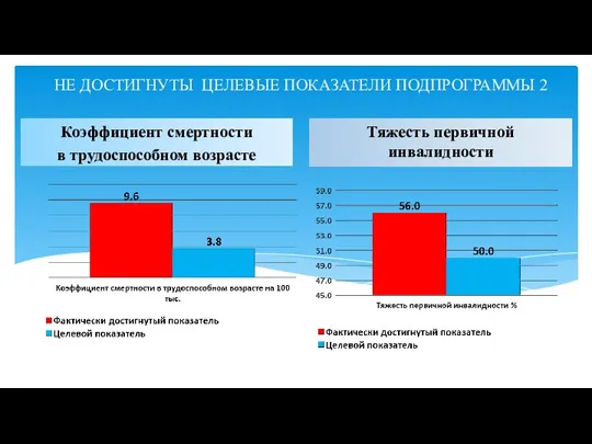 Коэффициент смертности в трудоспособном возрасте Тяжесть первичной инвалидности НЕ ДОСТИГНУТЫ ЦЕЛЕВЫЕ ПОКАЗАТЕЛИ ПОДПРОГРАММЫ 2