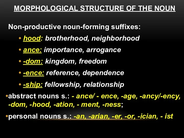 Non-productive noun-forming suffixes: hood: brotherhood, neighborhood ance: importance, arrogance -dom: