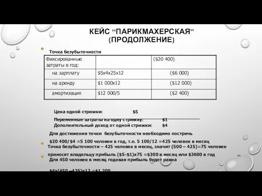 КЕЙС “ПАРИКМАХЕРСКАЯ” (ПРОДОЛЖЕНИЕ) Точка безубыточности Цена одной стрижки: $5 Переменные