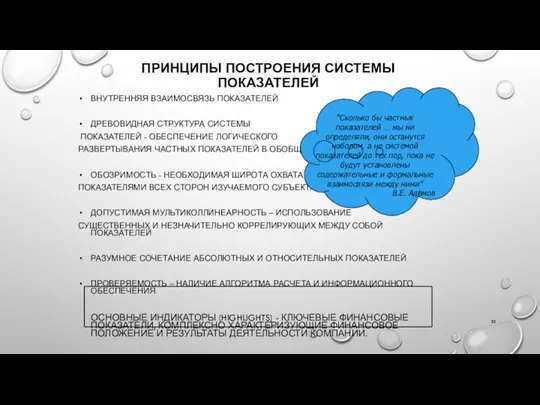 ПРИНЦИПЫ ПОСТРОЕНИЯ СИСТЕМЫ ПОКАЗАТЕЛЕЙ ВНУТРЕННЯЯ ВЗАИМОСВЯЗЬ ПОКАЗАТЕЛЕЙ ДРЕВОВИДНАЯ СТРУКТУРА СИСТЕМЫ