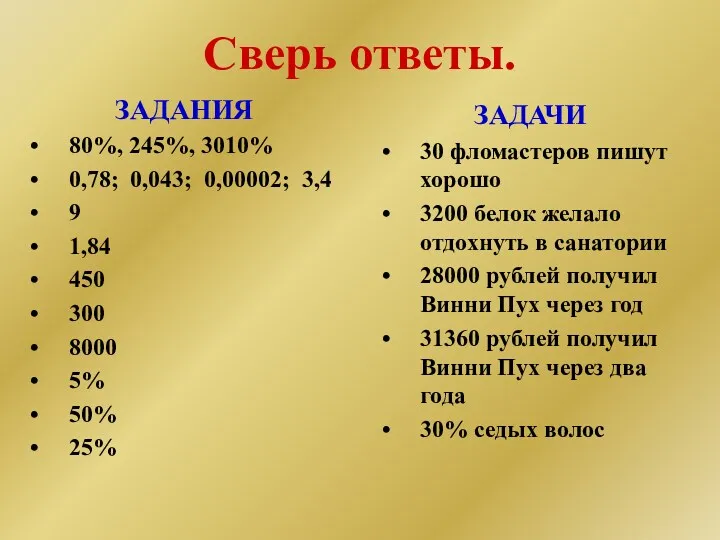 Сверь ответы. ЗАДАНИЯ 80%, 245%, 3010% 0,78; 0,043; 0,00002; 3,4