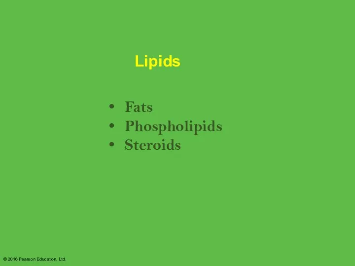 © 2016 Pearson Education, Ltd. Lipids Fats Phospholipids Steroids