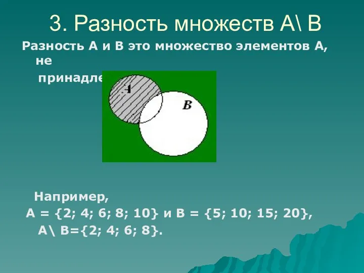 Разность А и В это множество элементов А, не принадлежащих В. Например, А