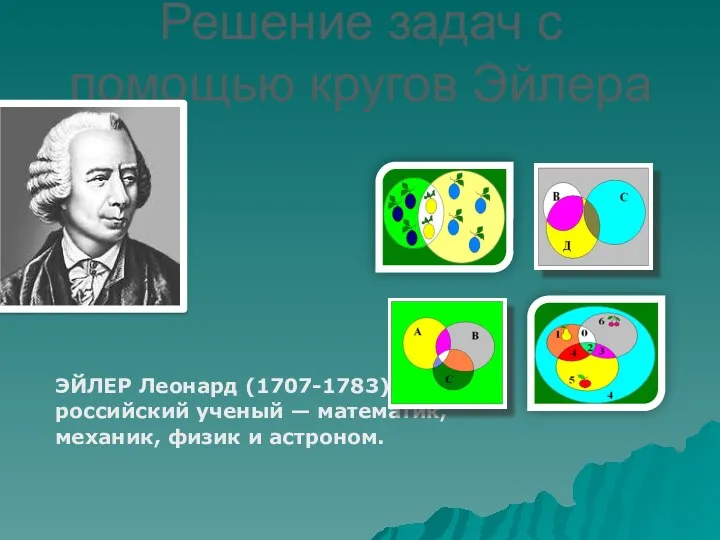 Решение задач с помощью кругов Эйлера ЭЙЛЕР Леонард (1707-1783), российский ученый — математик,