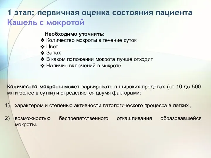 1 этап: первичная оценка состояния пациента Кашель с мокротой Необходимо