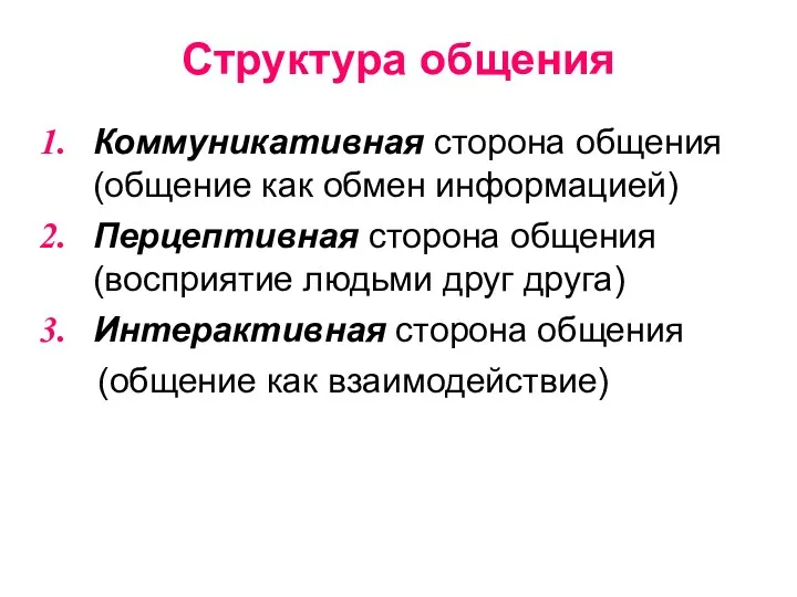 Структура общения Коммуникативная сторона общения (общение как обмен информацией) Перцептивная