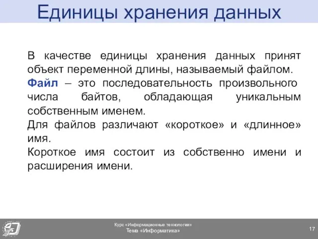 В качестве единицы хранения данных принят объект переменной длины, называемый