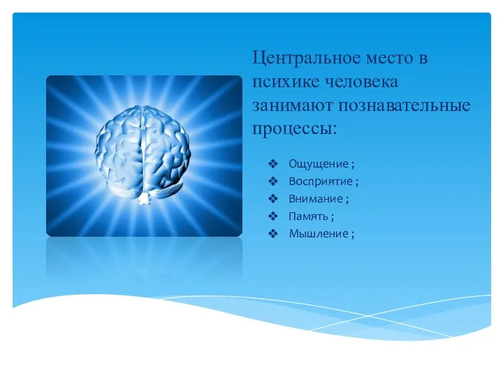 Центральное место в психике человека занимают познавательные процессы: Ощущение ; Восприятие ; Внимание