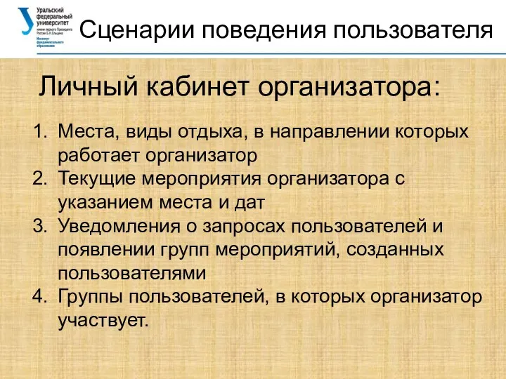 Сценарии поведения пользователя Личный кабинет организатора: Места, виды отдыха, в