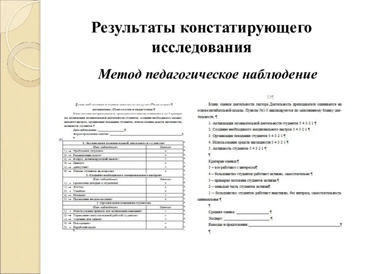 Результаты констатирующего исследования Метод педагогическое наблюдение