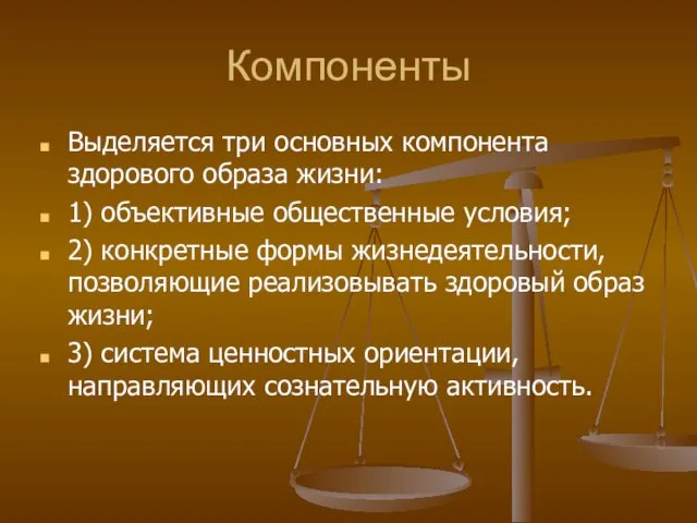 Компоненты Выделяется три основных компонента здорового образа жизни: 1) объективные