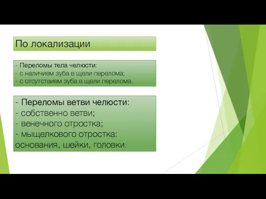 По локализации - Переломы тела челюсти: - с наличием зуба