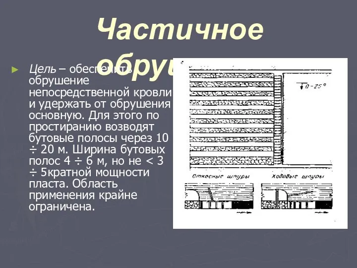 Частичное обрушение Цель – обеспечить обрушение непосредственной кровли и удержать