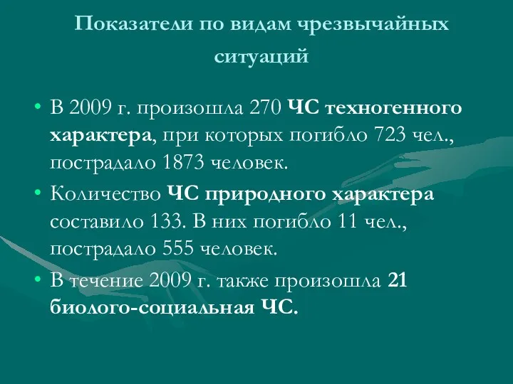 Показатели по видам чрезвычайных ситуаций В 2009 г. произошла 270