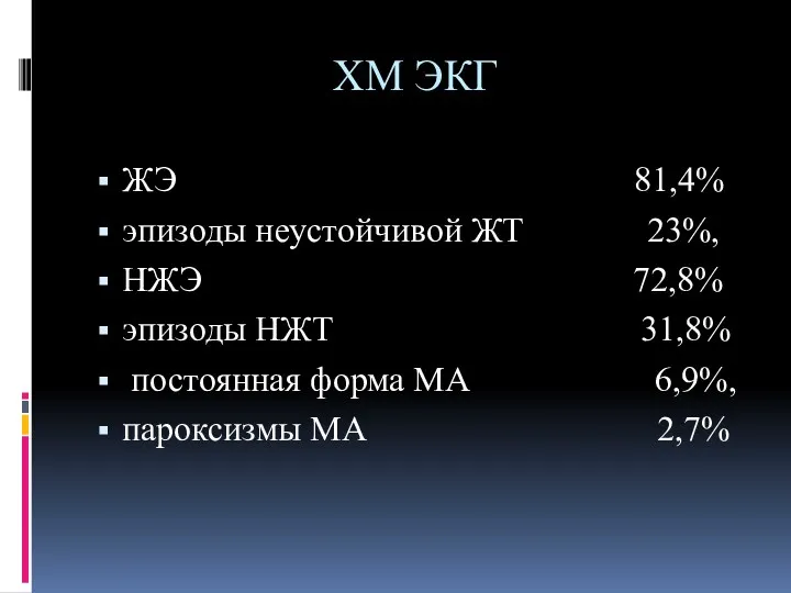 ХМ ЭКГ ЖЭ 81,4% эпизоды неустойчивой ЖТ 23%, НЖЭ 72,8%