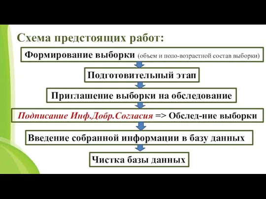 Схема предстоящих работ: Подготовительный этап Формирование выборки (объем и поло-возрастной