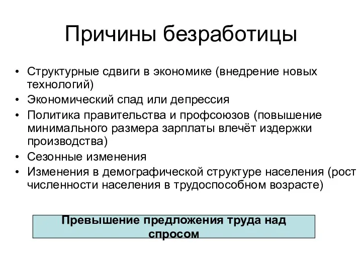 Причины безработицы Структурные сдвиги в экономике (внедрение новых технологий) Экономический