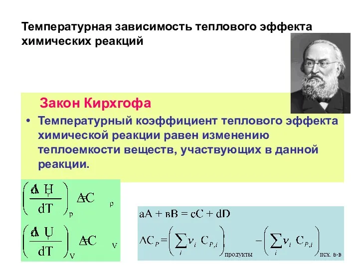 Температурная зависимость теплового эффекта химических реакций Закон Кирхгофа Температурный коэффициент