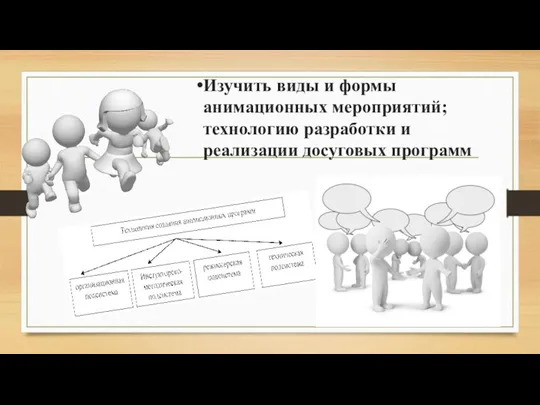 Изучить виды и формы анимационных мероприятий; технологию разработки и реализации досуговых программ