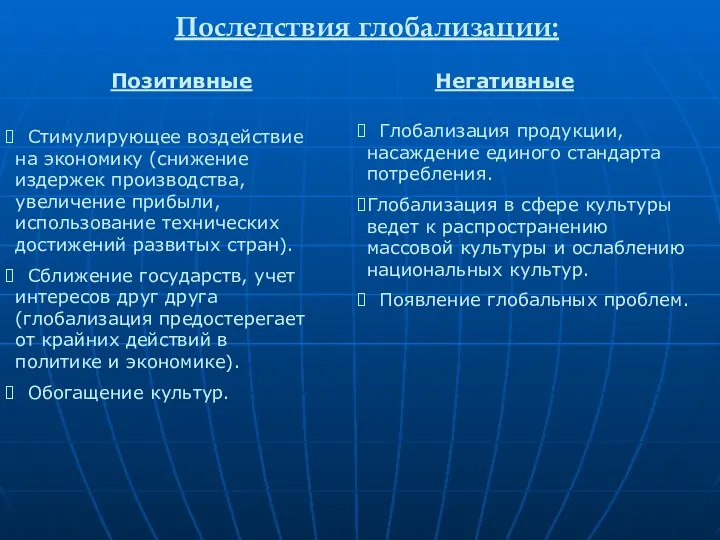 Последствия глобализации: Позитивные Негативные Стимулирующее воздействие на экономику (снижение издержек