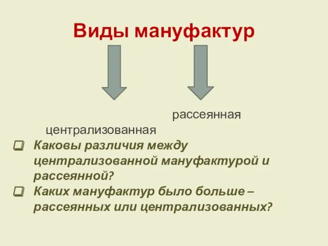 Виды мануфактур централизованная рассеянная Каковы различия между централизованной мануфактурой и