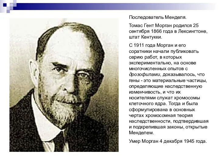 Последователь Менделя. Томас Гент Морган родился 25 сентября 1866 года