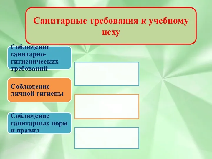 Санитарные требования к учебному цеху Соблюдение санитарно-гигиенических требований Соблюдение личной гигиены Соблюдение санитарных норм и правил