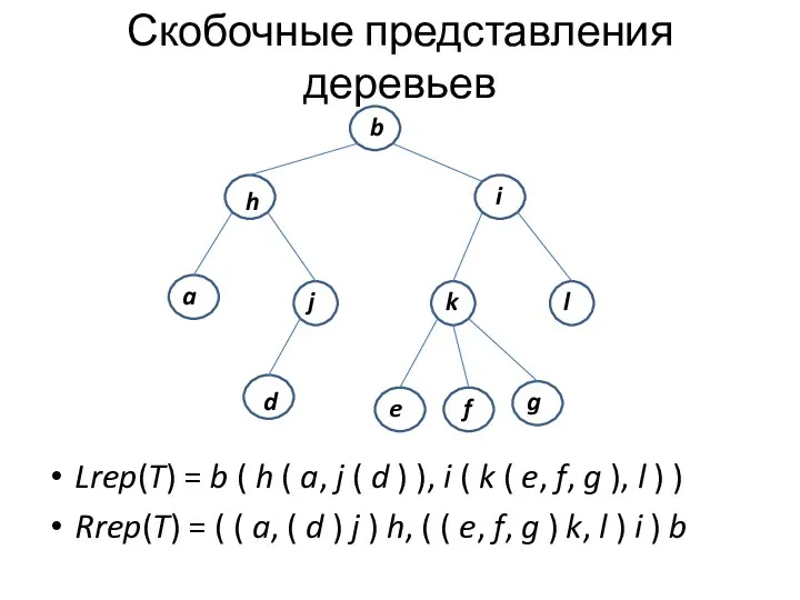 Скобочные представления деревьев Lrep(T) = b ( h ( a, j ( d