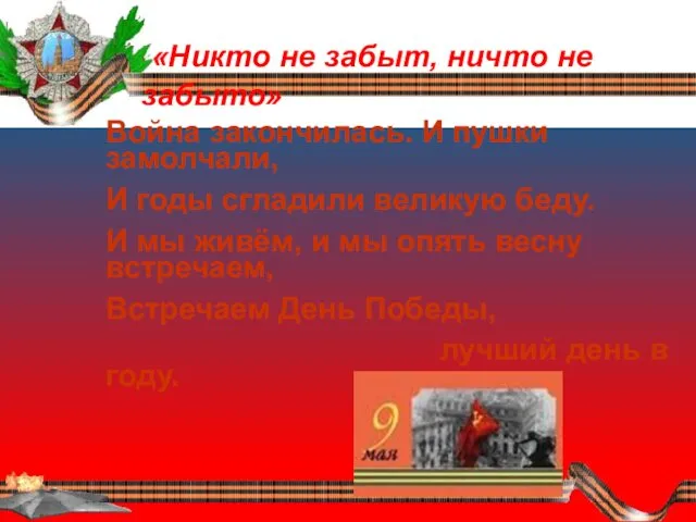 «Никто не забыт, ничто не забыто» Война закончилась. И пушки