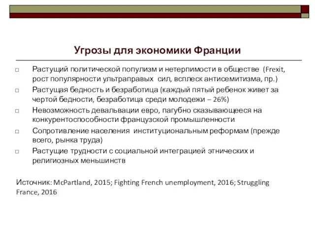 Угрозы для экономики Франции Растущий политической популизм и нетерпимости в