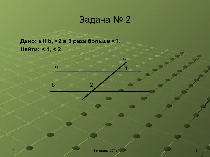 Задача № 2 Дано: а II b, Найти: а b с 1 2 * Инжавино 2013