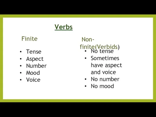 Verbs Finite Non- finite(Verbids) Tense Aspect Number Mood Voice No