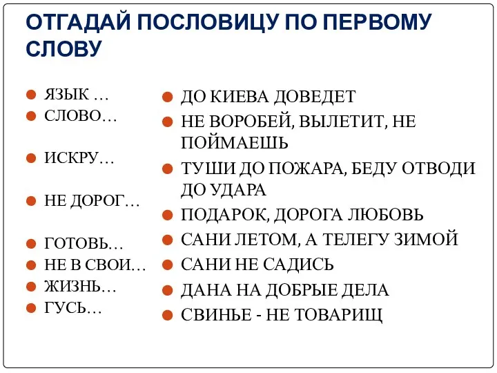 ОТГАДАЙ ПОСЛОВИЦУ ПО ПЕРВОМУ СЛОВУ ЯЗЫК … СЛОВО… ИСКРУ… НЕ