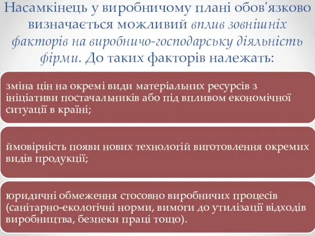 Насамкінець у виробничому плані обов'язково визначається можливий вплив зовнішніх факторів