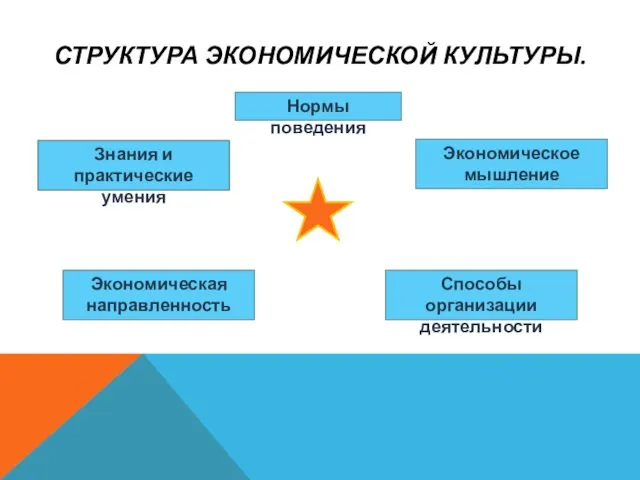 СТРУКТУРА ЭКОНОМИЧЕСКОЙ КУЛЬТУРЫ. Знания и практические умения Экономическое мышление Экономическая направленность Способы организации деятельности Нормы поведения