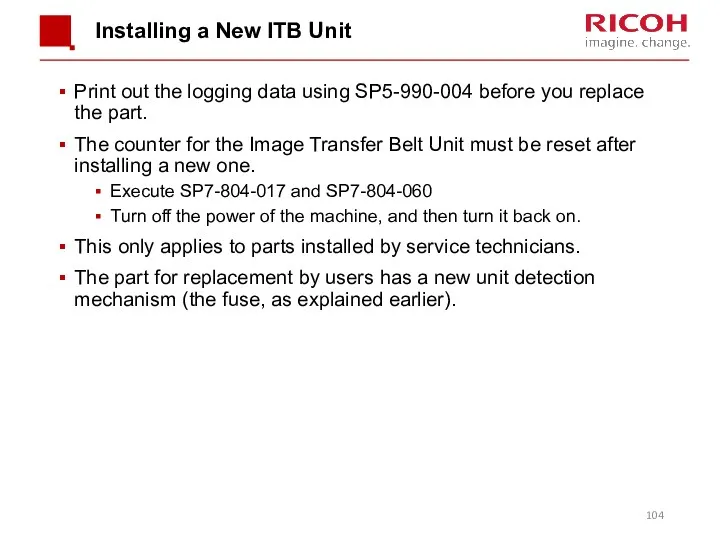 Installing a New ITB Unit Print out the logging data using SP5-990-004 before