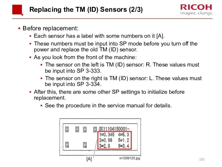 Replacing the TM (ID) Sensors (2/3) Before replacement: Each sensor has a label