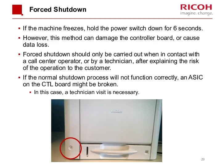 Forced Shutdown If the machine freezes, hold the power switch down for 6