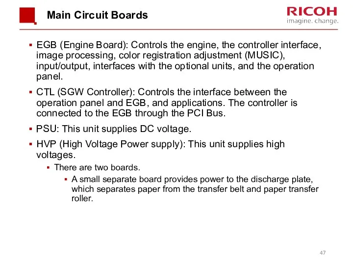 Main Circuit Boards EGB (Engine Board): Controls the engine, the controller interface, image
