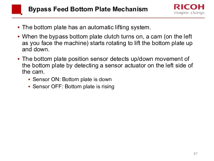 Bypass Feed Bottom Plate Mechanism The bottom plate has an automatic lifting system.