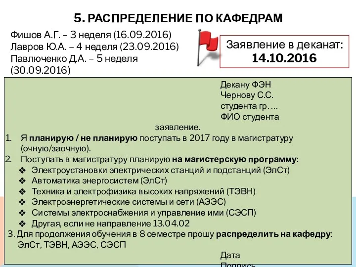 5. РАСПРЕДЕЛЕНИЕ ПО КАФЕДРАМ Фишов А.Г. – 3 неделя (16.09.2016)