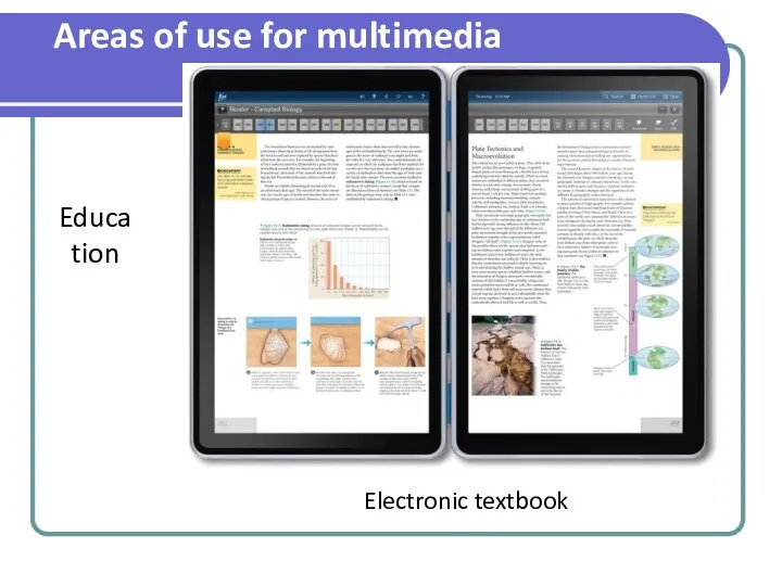 Areas of use for multimedia Educa tion Electronic textbook