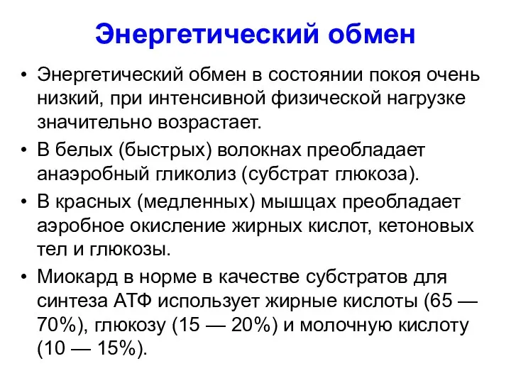 Энергетический обмен Энергетический обмен в состоянии покоя очень низкий, при