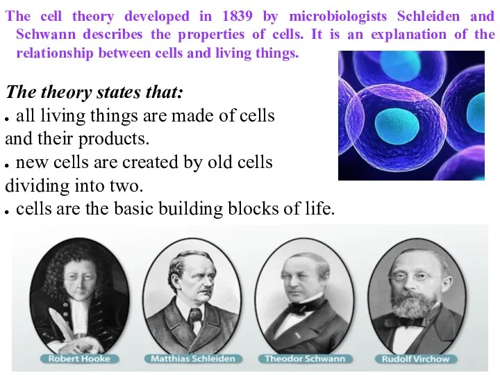 The cell theory developed in 1839 by microbiologists Schleiden and