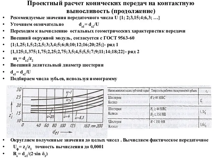 Проектный расчет конических передач на контактную выносливость (продолжение) Рекомендуемые значения