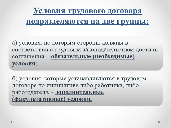 Условия трудового договора подразделяются на две группы: