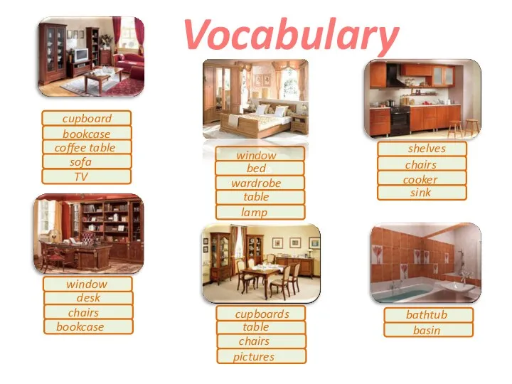 Vocabulary mirror beds cupboard bookcase coffee table sofa window bed