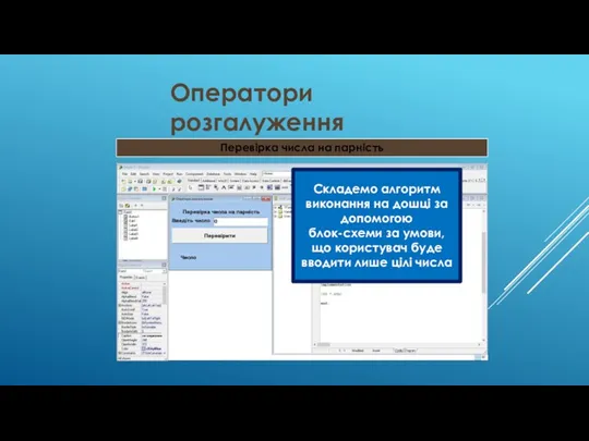 Оператори розгалуження Перевірка числа на парність Складемо алгоритм виконання на