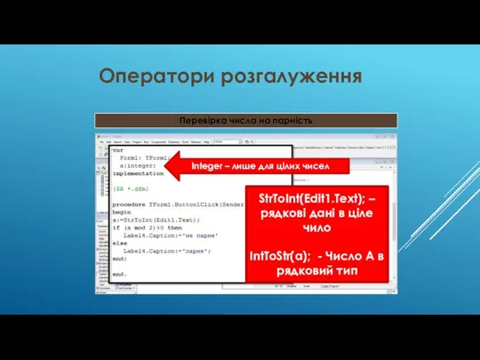 Оператори розгалуження Перевірка числа на парність Integer – лише для