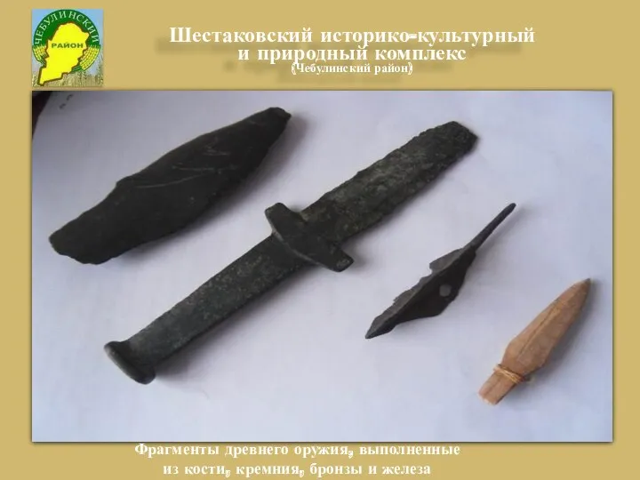 Фрагменты древнего оружия, выполненные из кости, кремния, бронзы и железа